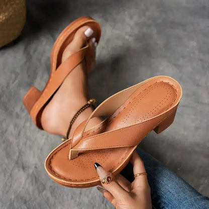 Momount Women Heeled Thong Sandals – Leather Block Heel Toe-Post Cushioned Footbed
