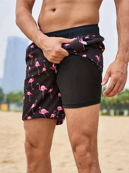 Momount Men Swim Shorts – Tropical Leaf Print Phone Pocket Mesh Liner