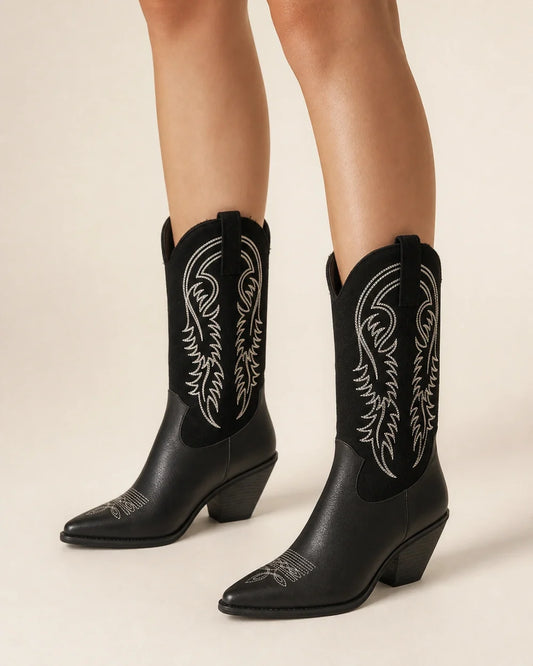 Momount Cassie black tall western cowboy boots — hero worn view