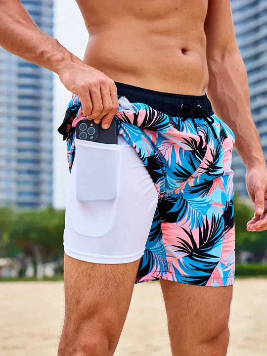 Momount Men Swim Shorts – Palm Print Compression Liner Quick Dry Mid