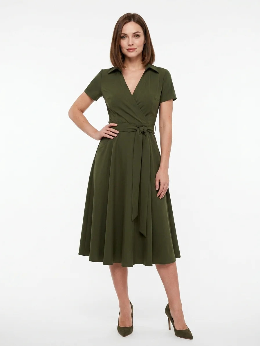 Ameliana | Elegant Off Shoulder Belted Summer Midi Dress - Dark Green - front
