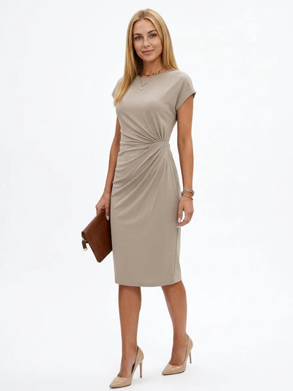 Katrina Draped Midi Dress | Round Neck, Fitted, Timeless - Beige - 3/4