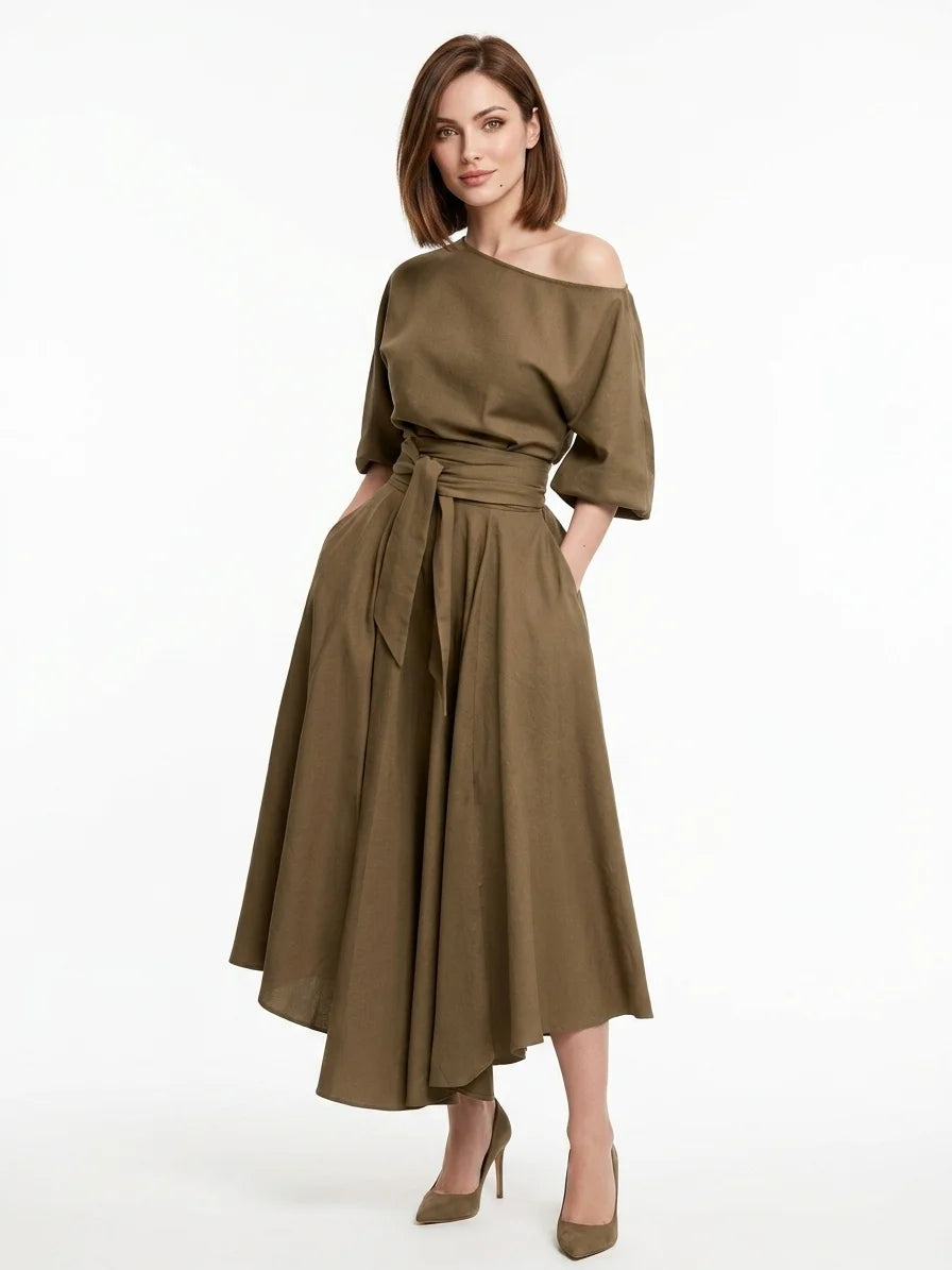 Ameliana | Elegant Off Shoulder Belted Summer Midi Dress - Khaki - front