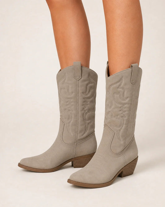 Women's Gracia sand pointed western cowboy boots, worn hero view.