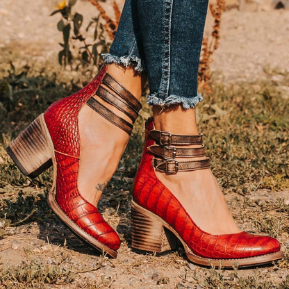 Evadne | Western Buckle Leather Block Heel Boots