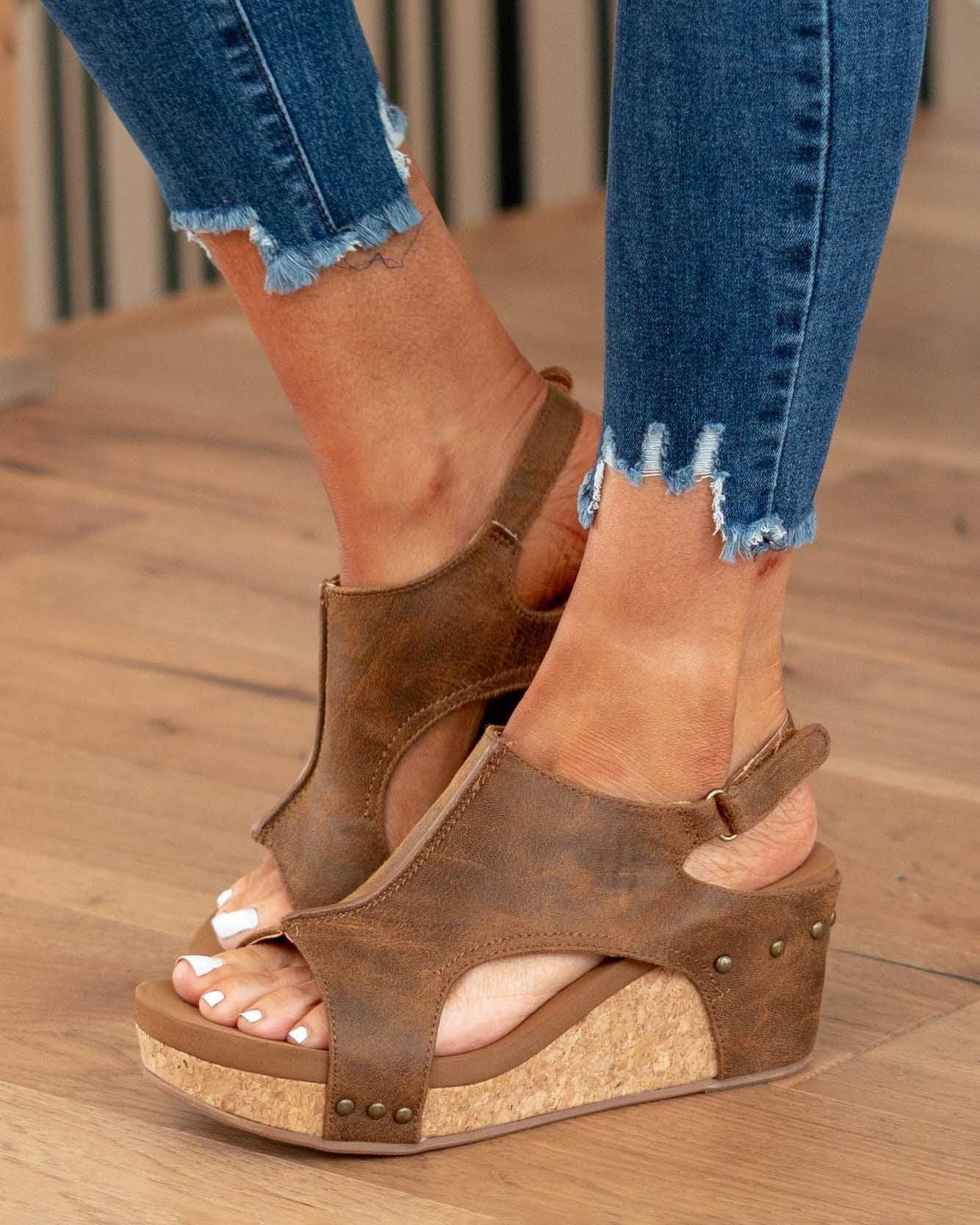 Momount Women Wedge Sandals – Distressed Leather Cork Platform Slingback