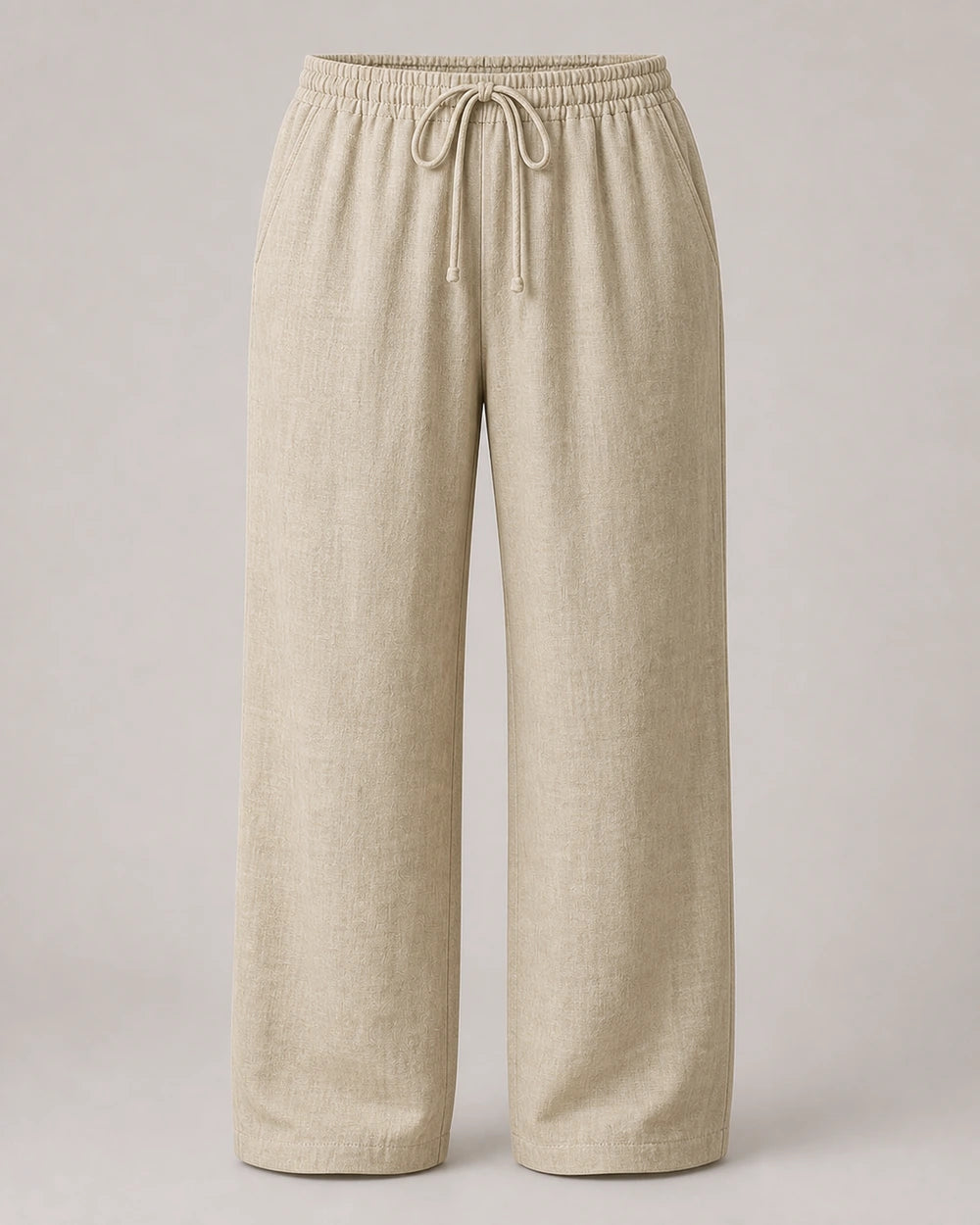 Beige linen wide-leg pants, product-only straight front view.