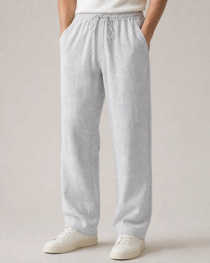 Men’s light grey linen wide-leg pants with elastic drawstring waist.