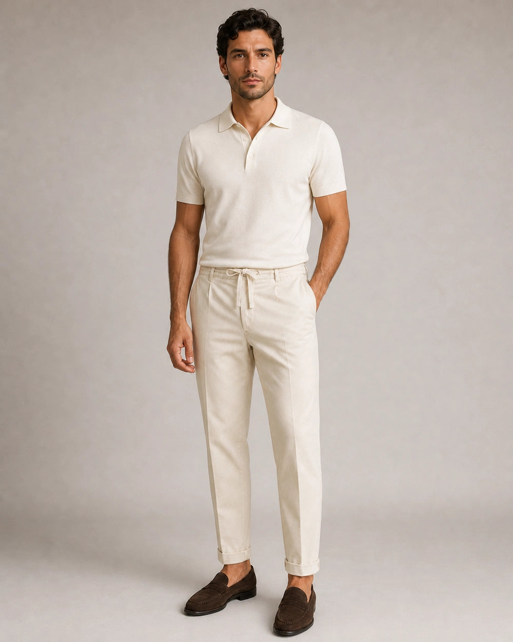 Men's beige relaxed summer pants, full-length fit view.