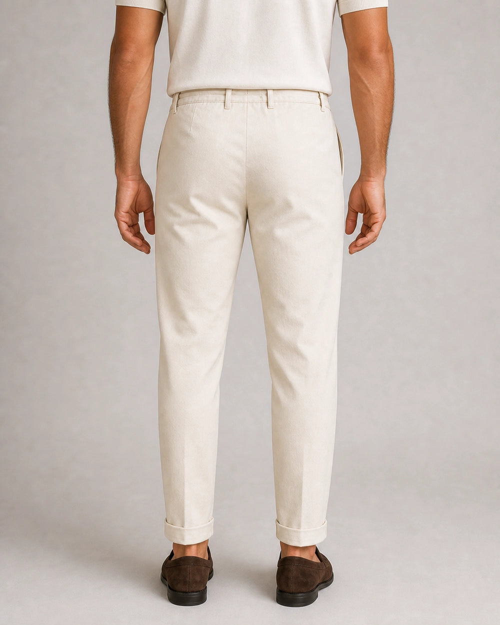 Men's beige relaxed summer pants, true rear view.