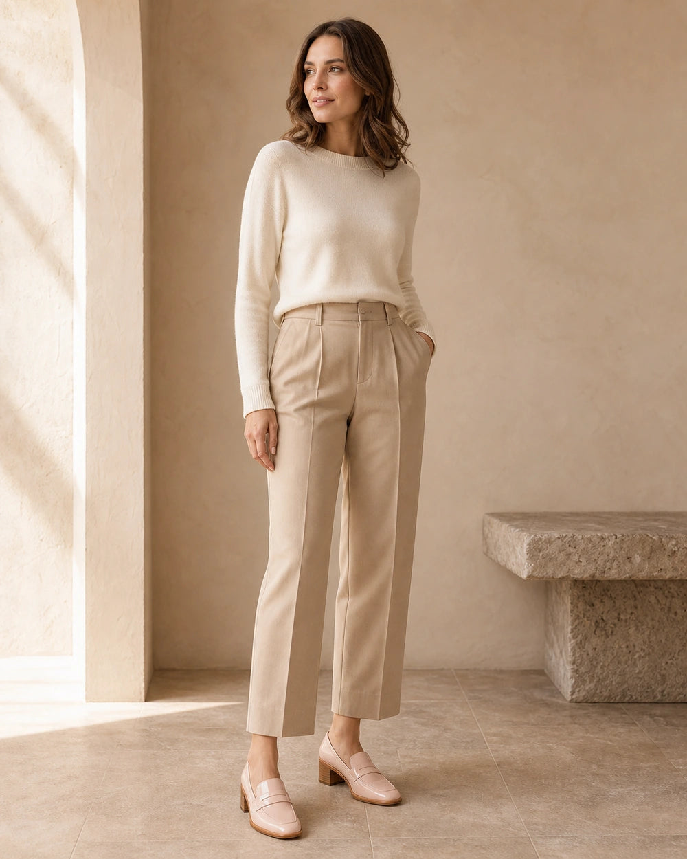 Női fényes púderrózsaszín mokaszin — modellen viselve