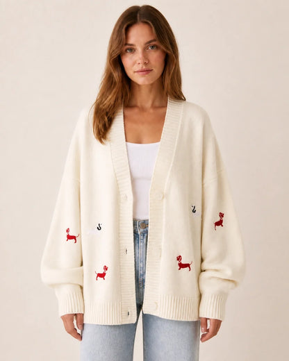 Women's white dachshund motif cardigan, straight front view