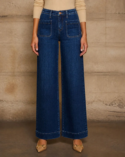 Deep blue high-waisted jeans front fit