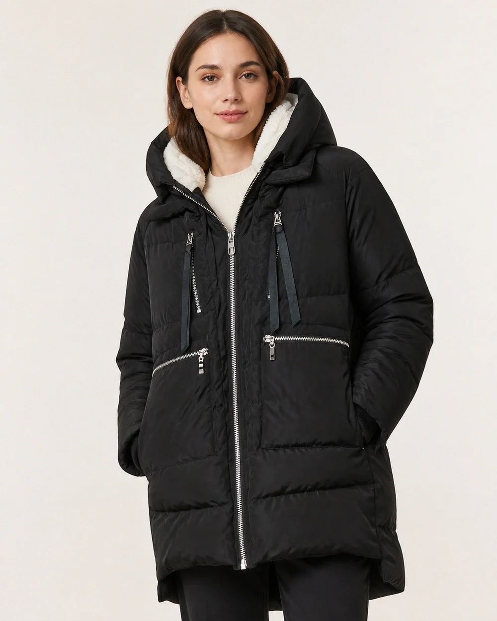 Momount women mid length fleece lined hooded puffer black