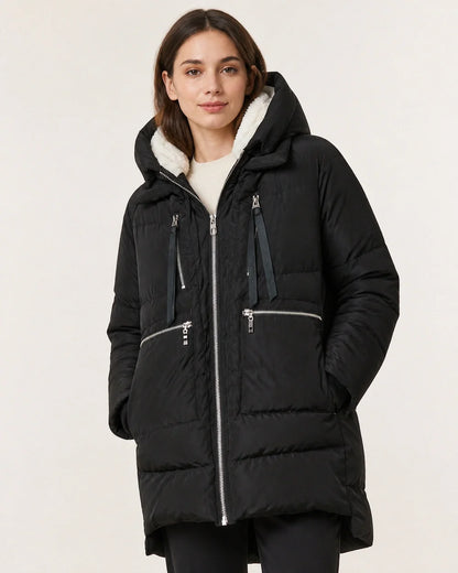 Momount women mid length fleece lined hooded puffer black