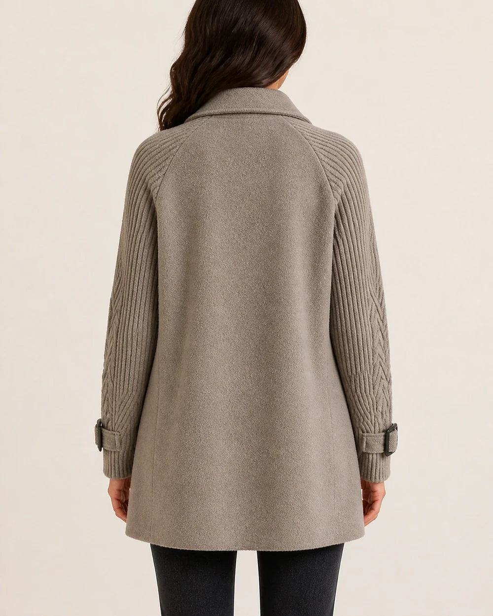 Taupe mid-length coat with knit sleeves, back view.