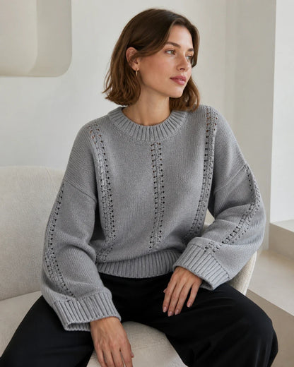 Grey oversized open-knit sweater for women, lifestyle view