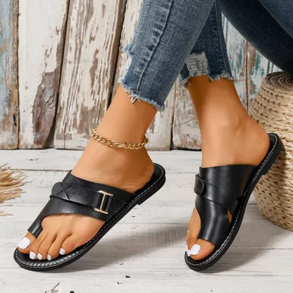 Momount Women Flat Sandals – Black Leather Toe-Ring Buckle Slide