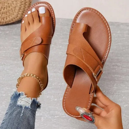 Momount Women Flat Sandals – Black Leather Toe-Ring Buckle Slide