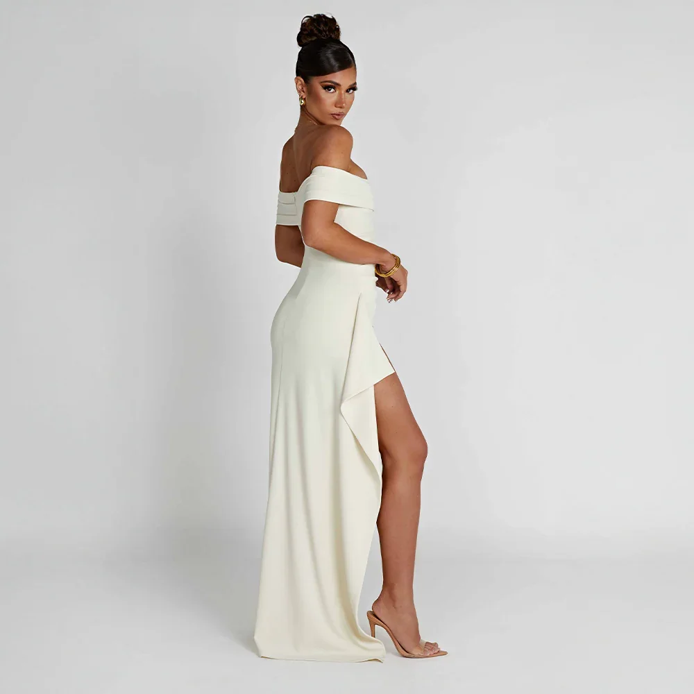 Daniela | Elegant Off Shoulder Ruched High Slit Evening Maxi Dress