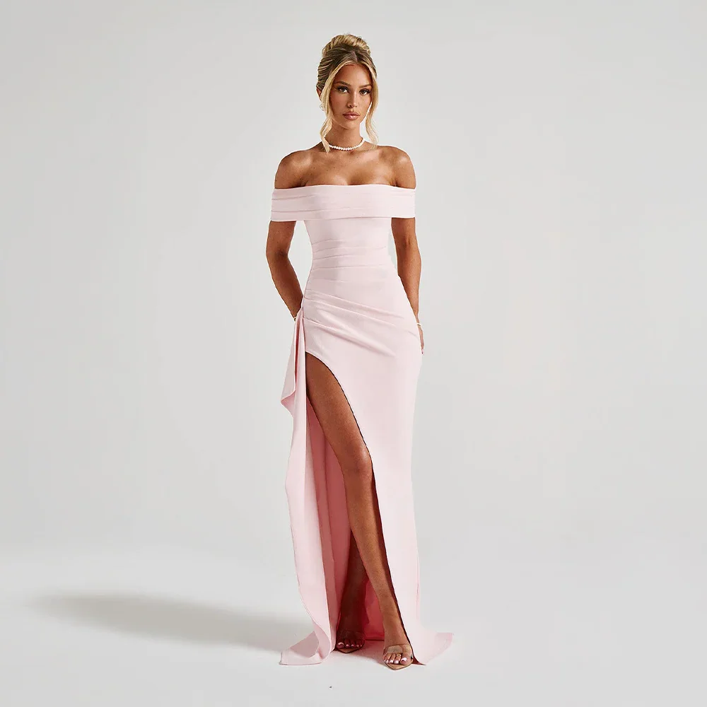 Daniela | Elegant Off Shoulder Ruched High Slit Evening Maxi Dress