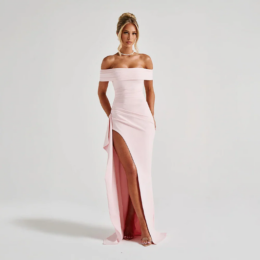 Daniela | Elegant Off Shoulder Ruched High Slit Evening Maxi Dress