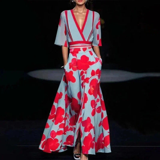 Florentia | Bold Floral Print V Neck Wrap Belted Summer Maxi Dress