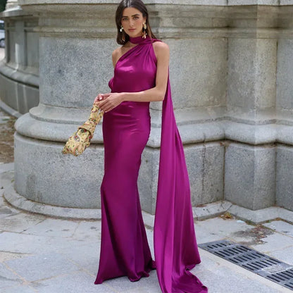 Ottavia | Draped Satin One Shoulder Caped Evening Maxi Dress