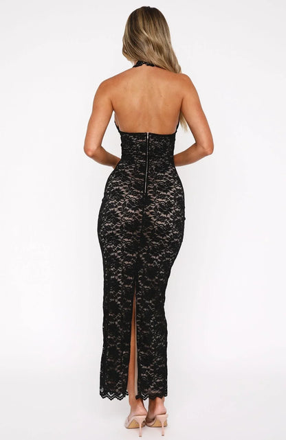 Anatolia | Elegant Floral Lace Plunge Halter Backless Evening Maxi Dress
