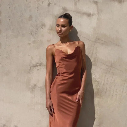 Calliope | Elegant Satin Cowl Neck Slip Bias Cut Evening Maxi Dress