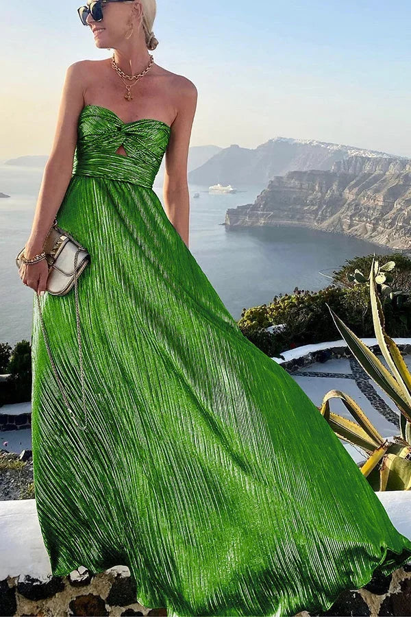 Theodora | Glam Shimmer Pleated Strapless Twist Evening Maxi Dress