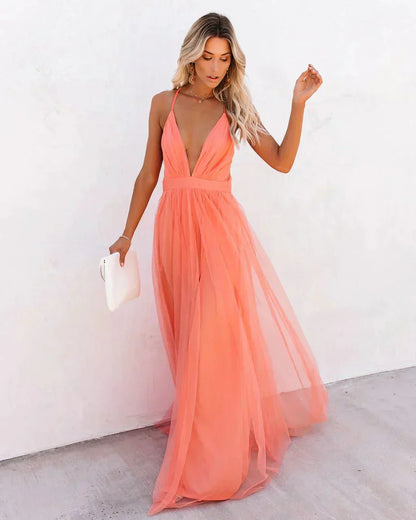 Damiana | Ethereal Tulle V Neck Backless Flowy Evening Maxi Dress