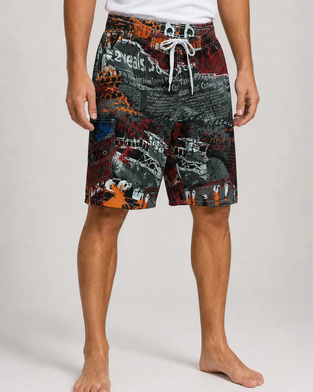 Dark red and orange graphic knee-length swim shorts, front view.