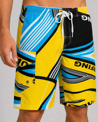 Close-up of blue and yellow swim shorts waistband, drawcord and cargo pocket.
