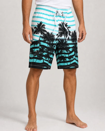 Aqua and black palm-print knee-length swim shorts, front view.