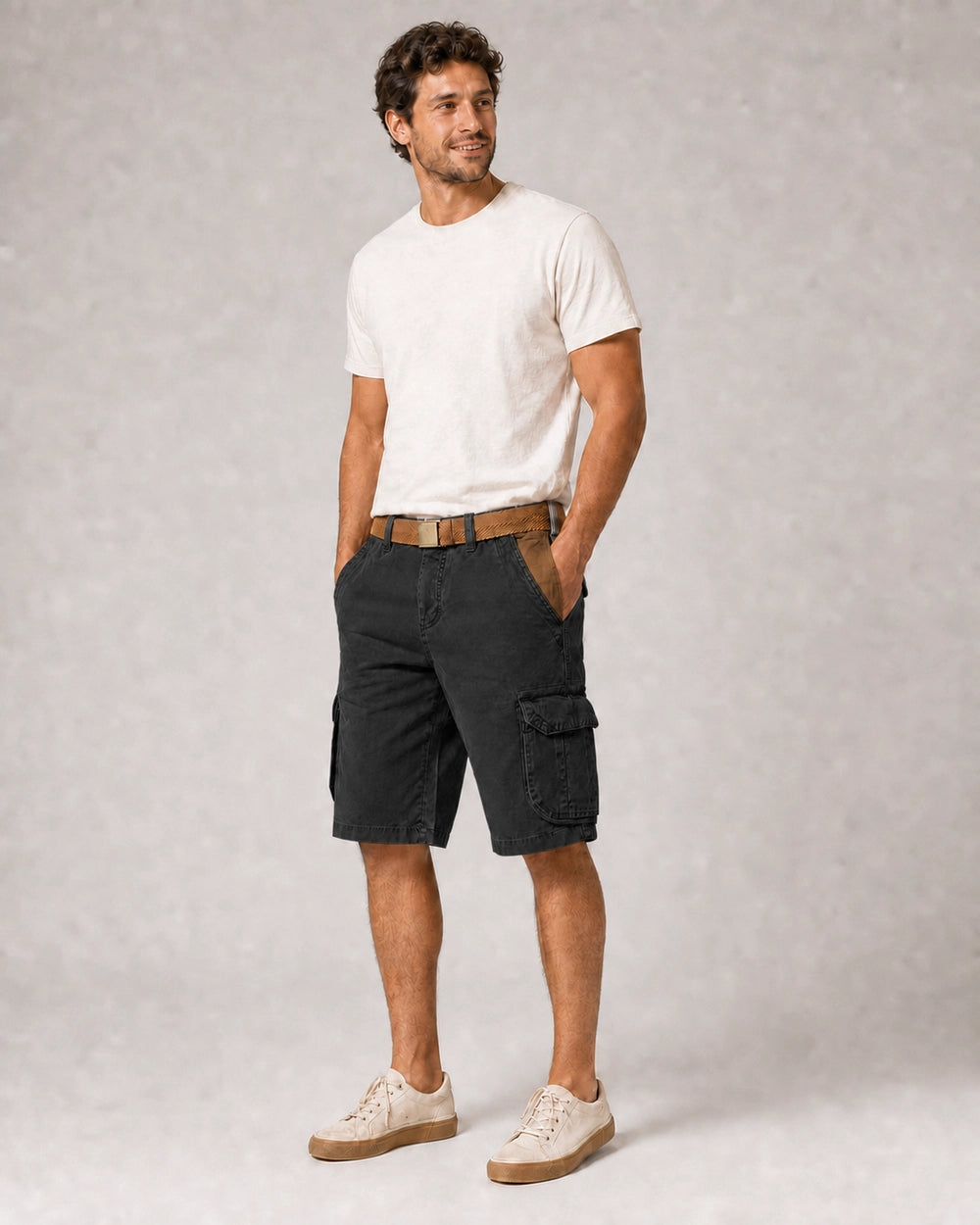 Momount Men Cargo Shorts – Washed Cotton Belted Vintage Distressed Knee Length — Black — color variant primary — uomo-pantaloncini-cargo-cotone-lavato-cintura-vintage-anticato-lunghezza-black-09-variant.webp