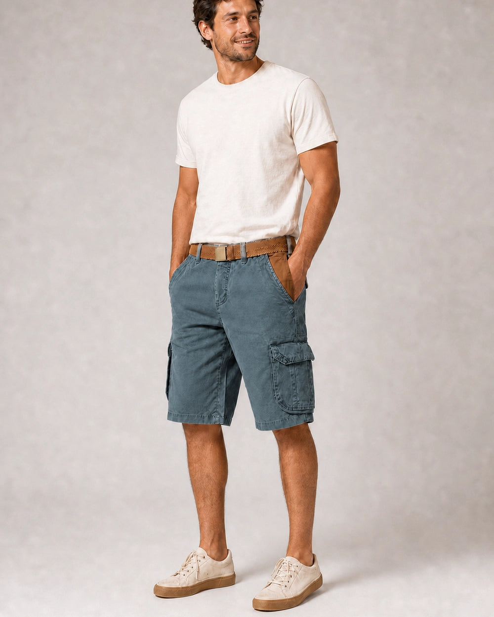 Momount Men Cargo Shorts – Washed Cotton Belted Vintage Distressed Knee Length — Blue — color variant primary — uomo-pantaloncini-cargo-cotone-lavato-cintura-vintage-anticato-lunghezza-blue-12-variant.webp
