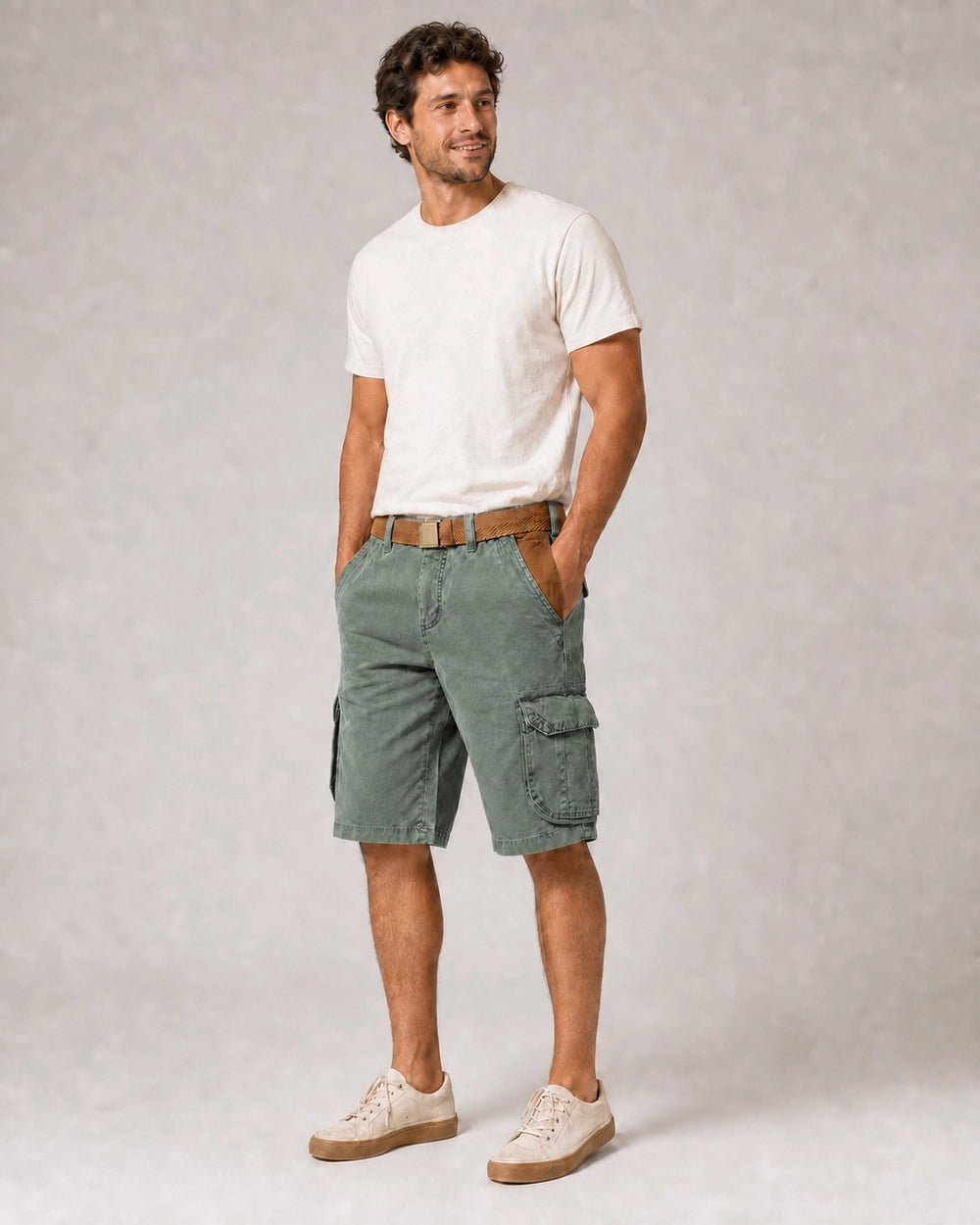 Momount Men Cargo Shorts – Washed Cotton Belted Vintage Distressed Knee Length — Green — color variant primary — uomo-pantaloncini-cargo-cotone-lavato-cintura-vintage-anticato-lunghezza-green-11-variant.webp