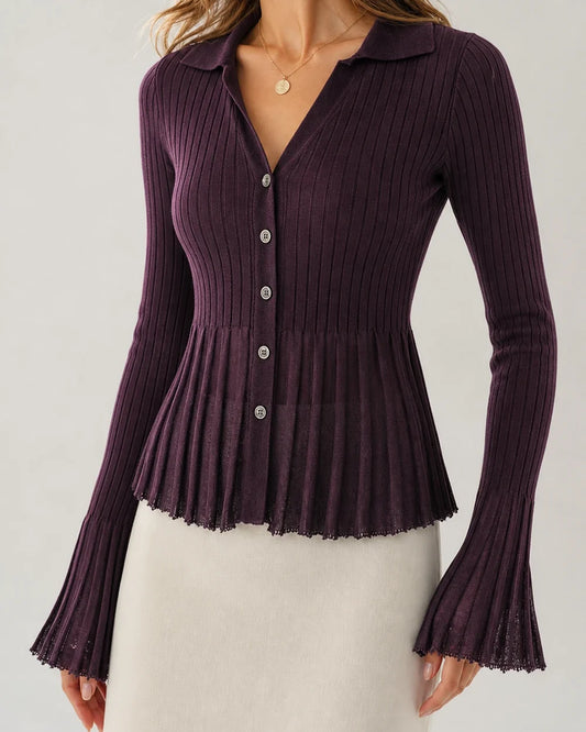 Purple ribbed polo-collar cardigan for women, front hero view.