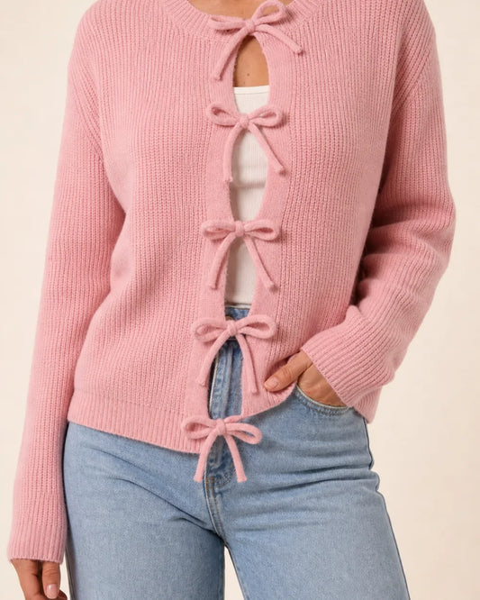 Pink tie-front ribbed cardigan for women, front hero view.