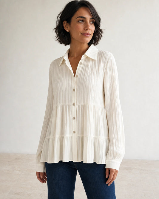 Women's milk-white pleated peplum shirt, front product view.